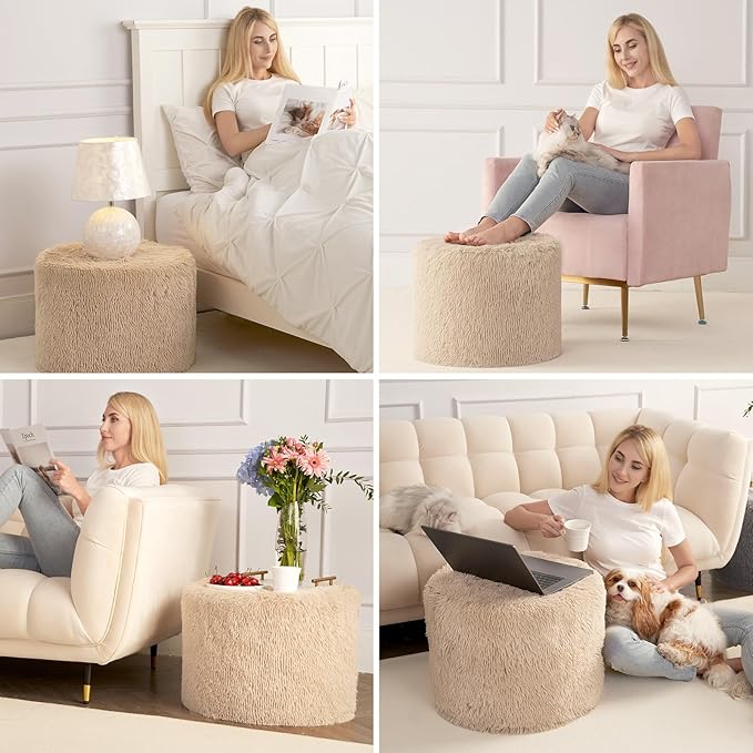 Hansleep Round Pouf Ottoman Foot Rest, 20 x 15 Small Faux Fur Stuffed Pouf for Chair, Foam Filled Foot Stools Ottomans for Living Room, Brown