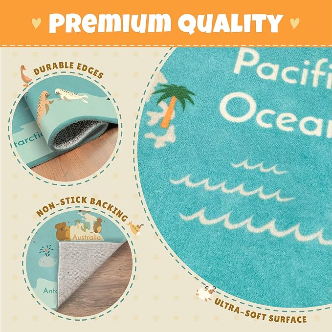 Washable Large Kids Room Rug with Animal – 6x9 Educational World Map Play Mat for Bedroom – Non-Slip, Stain Resistant, Soft & Safe for Baby, Playroom Essentials - Blue Ocean