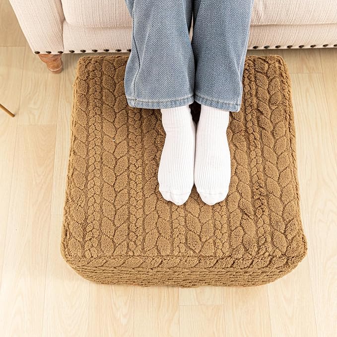 20x20x14 Inches Fluffy Square Pouf Ottoman - Plush Furry Ottoman Foot Rest Stool with High-Density Foam, Versatile Floor Seating for Living Room (Coffee)