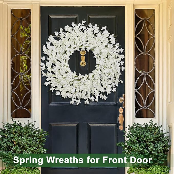 26 Inch Spring Wreaths for Front Door Large Spring Door Wreath Easter Valentines Wild Floral Summer Wreaths Outside All Season for Farmhouse Porch Wall Wedding Living Room Home Decor(White)