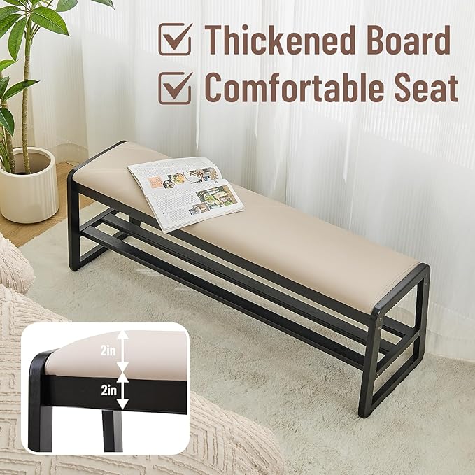 Uniclinens Wooden Shoe Rack Bench with Cushion, Solid Wood Narrow Entryway Bench 2-Tier, Long Shoe Storage Bench for Hallway Living Room, End of Bed Bench Bedroom(Black 47.2'')
