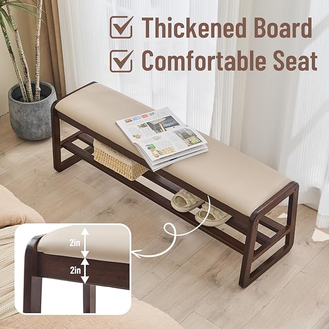 Uniclinens Wooden Shoe Rack Bench, End of Bed Bench Bedroom, Entryway Bench with Cushion 2-Tier, Long Shoe Storage Bench for Hallway Living Room (Walnut, 47.2'')