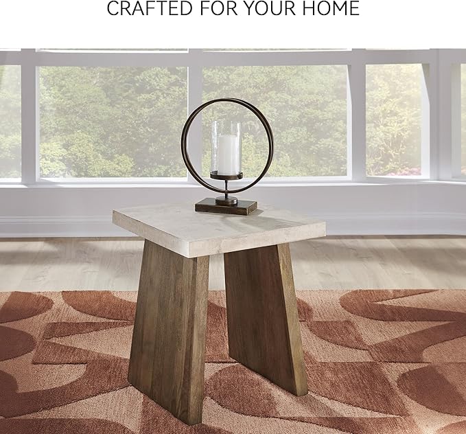 Signature Design by Ashley Brendalhouse Casual End Table with Faux Cement Top and Double Plinth Base, Solid Mango Wood, Melamine Laminate, Casually Cool Design, Light Brown & White