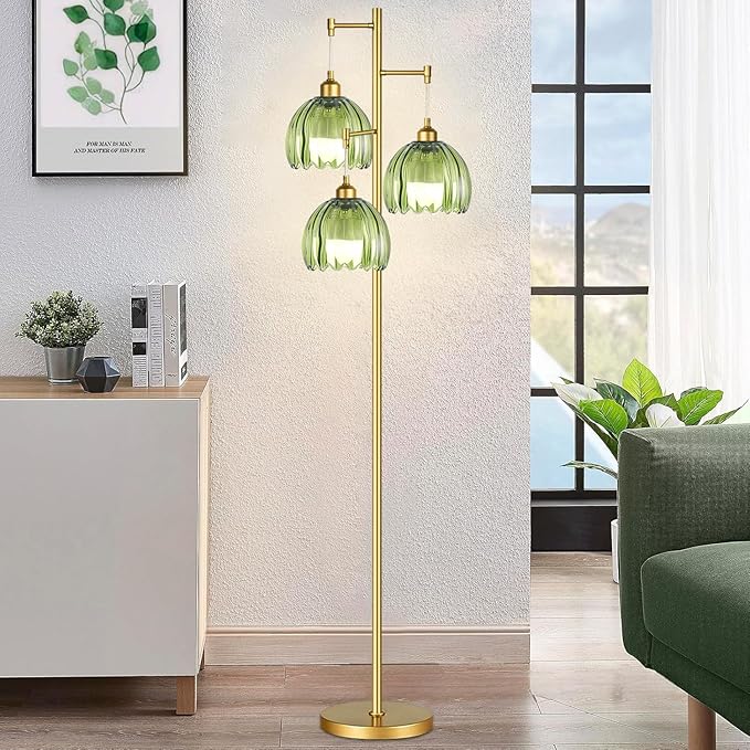 Gold Floor Lamps for Living Room Bedroom-3 Light Green Glass Floor Lamp with Three Led Bulb, Rustic Tall Floor Lamp Gold Standing Lamp Tree Floor Lamps for Living Room Bedroom,Office,Corner