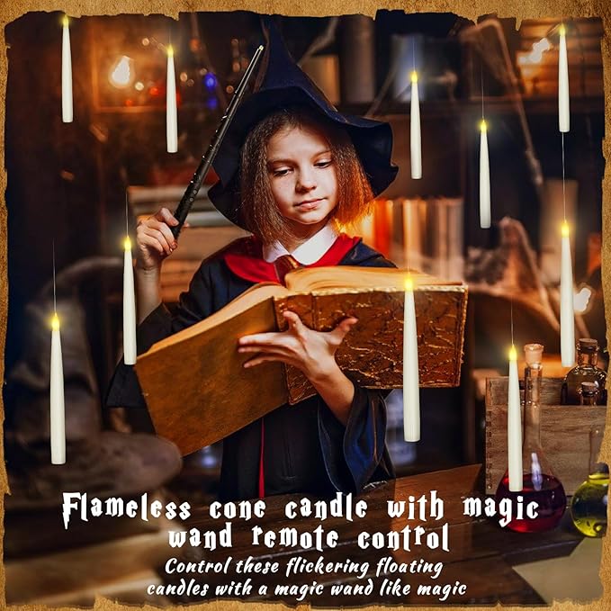 20PCS Floating Candles with Wand, Magic Hanging Candles, Flickering Warm Light LED Taper Flameless Candles with Wand Remote, Battery Operated Window Candle for Halloween Decorations Best Gift