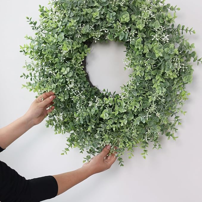 26'' Eucalyptus Wreath for Front Door - Large Artificial Eucalyptus Leaves with White Seeds Greenery Outdoor Wreath for Porch,Window,Farmhouse,Home,Hanging Decor- Spring, Summer, All Seasons (Green) ﻿