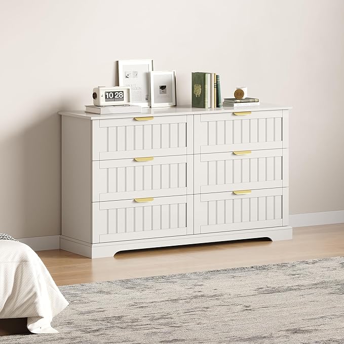 6 Wooden Drawer Dresser for Bedroom Storage, Modern Farmhouse Wood Chest of Drawers with Metal Handles, Wide Storage Cabinet for Closet, Living Room, or Entryway White