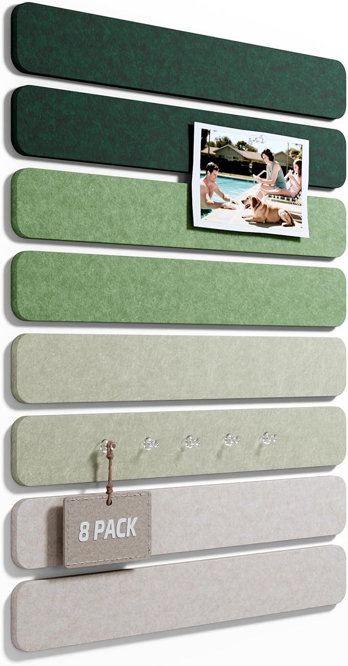 Cork Board Alternative Felt Strip Board 8-Pack 13"x2", Office Pin Board with 50 Push Pins, Adhesive Install for Bedroom Door & Home Office(Sagewood)