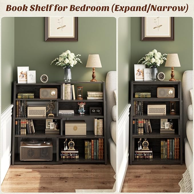 Armocity Book Shelf - Small Expandable Ladder Shelf, Short Corner Bookshelf for Small Spaces, 5 Tier Wood Narrow Bookcase, for Living Room, Bedroom, Entryway, Grey Oak