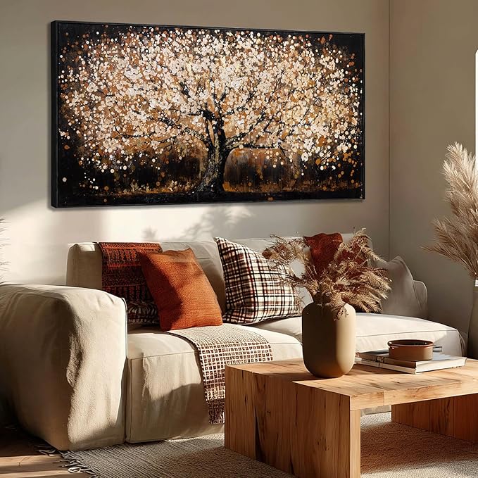 NBAODAN Gold Tree Wall Art Black Framed Canvas Wall Decor Nature Pictures Abstract Home Wall Decor Modern Artwork for Living Room Bedroom Office 24x48 Inch
