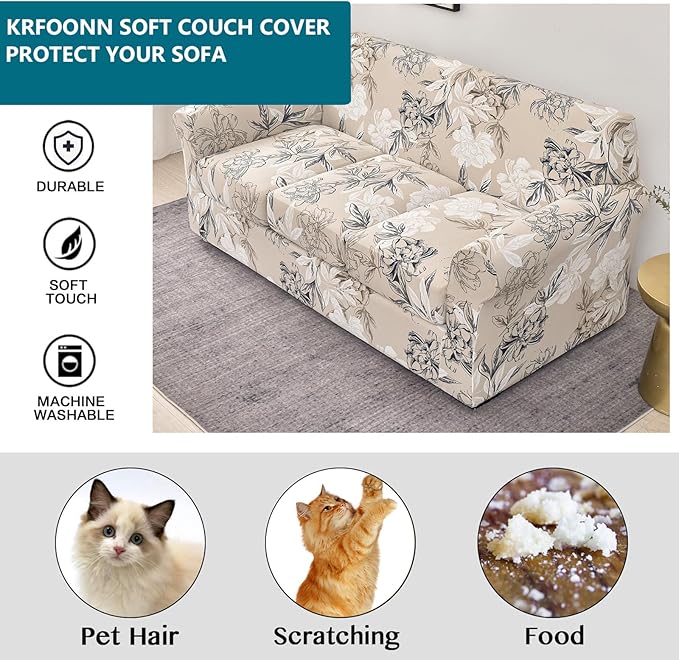 KRFOONN 4 Piece Stretch Sofa Couch Covers for 3 Cushion Couches Printed Sofa Slipcover with 3 Separate Seat Cushion Covers Washable Sofa Slip Covers Furniture Protector for Pets Kids (Large, 26)