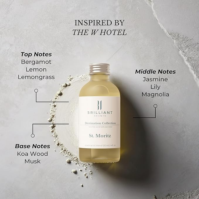 Brilliant Scents St. Moritz Fragrance Oil 120ml - Premium Diffuser Oil for Home, Office, Hotels - Long Lasting, Plant-Based, Meets IFRA Standards, USA-Made - Lemongrass, Magnolia, Koa Wood