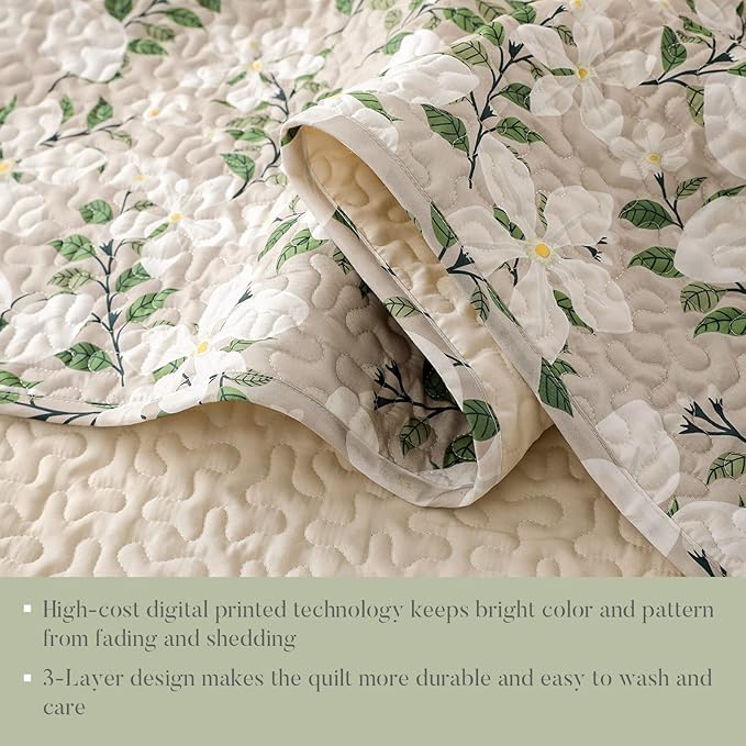 Whale Flotilla Reversible Printed Quilts Queen Size, Extra Soft Boho Floral Leaf Bedspreads for Bed Lightweight Full Queen Quilt Bedding Set Coverlets with 2 Pillow Shams for All Seasons, White Bone