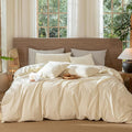 MooMee Wavy Striped Duvet Cover Set 100% Washed Cotton Linen Like Textured Breathable Durable Soft Comfy (Cream White, Full 80"x90")