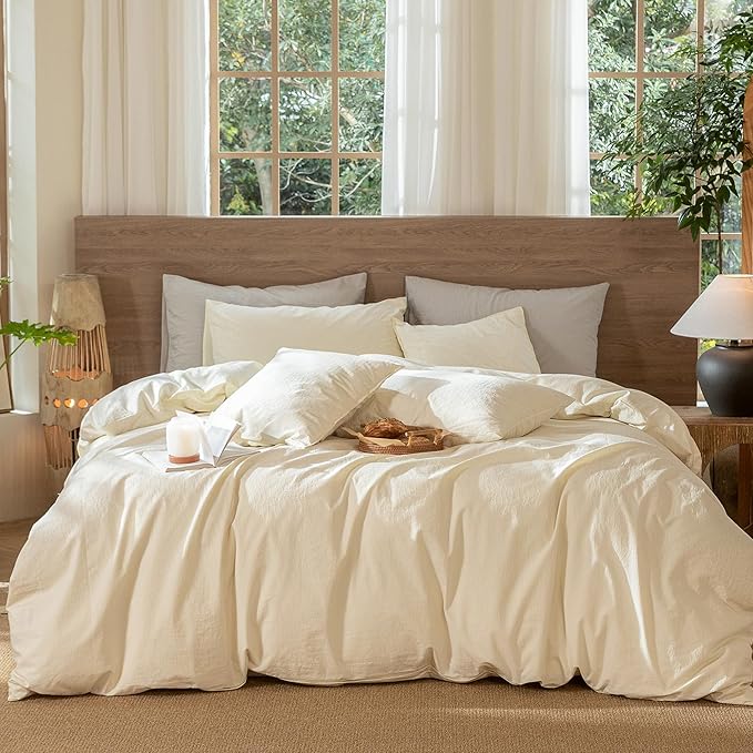 MooMee Wavy Striped Duvet Cover Set 100% Washed Cotton Linen Like Textured Breathable Durable Soft Comfy (Cream White, Palatial King/Oversized King 120"x98")