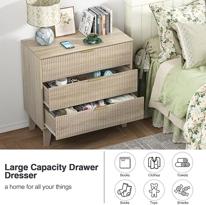 Anmytek 3 Drawer Dresser for Bedroom, Modern Closet Dressers Chest of Drawers, Wood Tall Dresser Storage Dresser Large Nightstand for Bedroom Living Room Hallway Closet, H0113