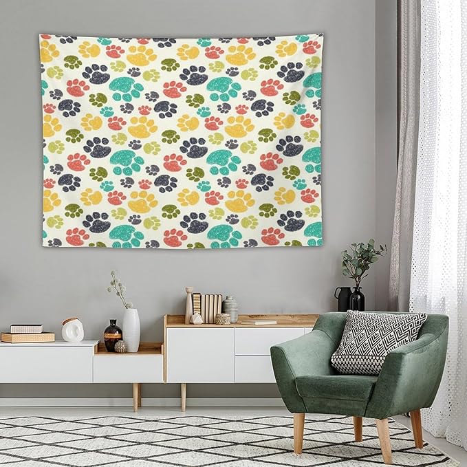 VUMIVI Dog Paw Tapestry Hand Painted Colorful Animal Footprints Doodle Kids Painting Tapestry Wall Hanging for Living Room Bedroom Dorm Classroom Aesthetic Decor W80xL60in
