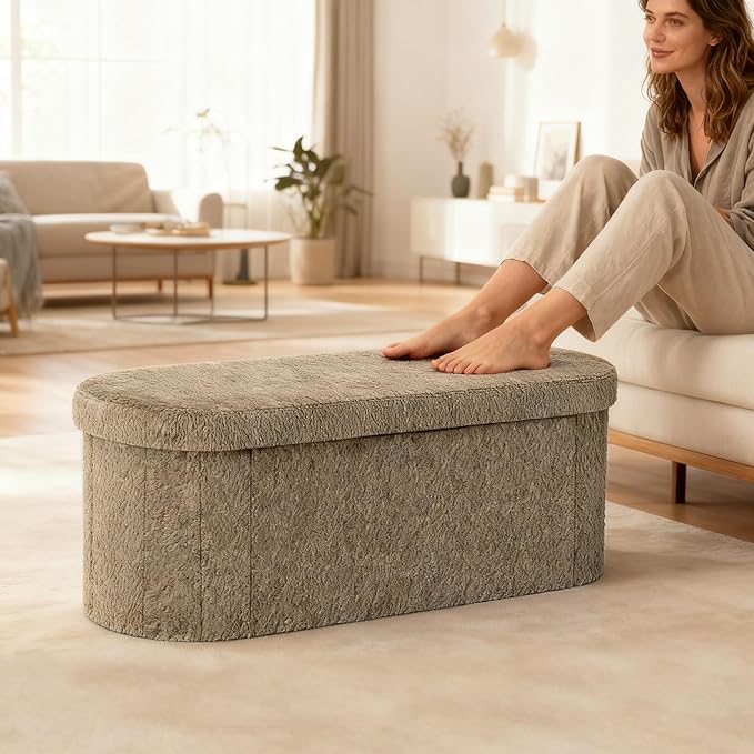 GLAXYFUR Oval Storage Ottoman Bench, Sherpa Foot Rest, 43 Inch Folding Chest for Living Room, Bedroom, Brown