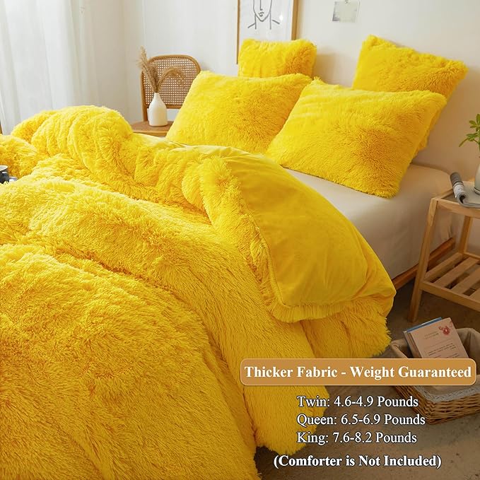 XeGe Plush Shaggy Duvet Cover Set, Luxury Ultra Soft Crystal Velvet Fluffy Furry Bed Set 2 Pieces(1 Faux Fur Fuzzy Comforter Cover + 1 Faux Fur Throw Pillow Case), Zipper Closure (Twin, Yellow)