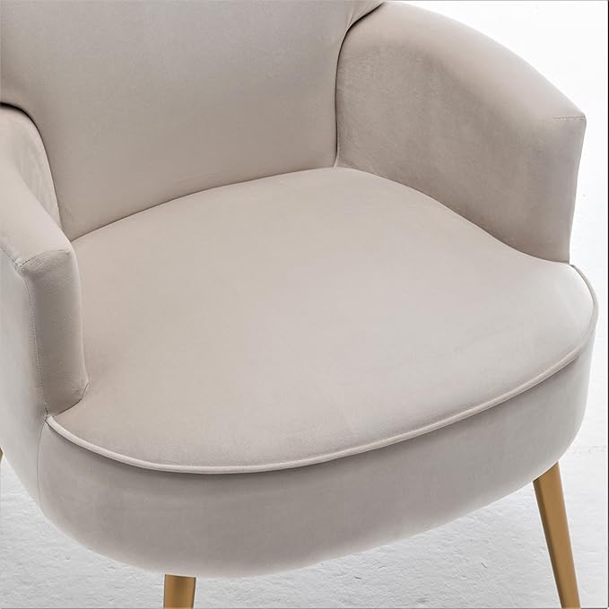 Trendy Velvet Accent Chair with Gold Metal Legs, Upholstered Armchair for Small to Mid-Size Spaces, Modern Living Room, Bedroom, Vanity Desk and Entryway, Ivory