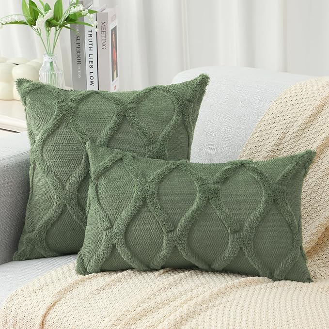 decorUhome Spring Euro Sham Throw Pillow Covers 26x26 Inch Set of 2, Soft Plush Faux Fur Wool Olive Green Couch Pillow Covers, Decorative Neutral Pillow Cases for Bed Sofa Living Room Home Decor