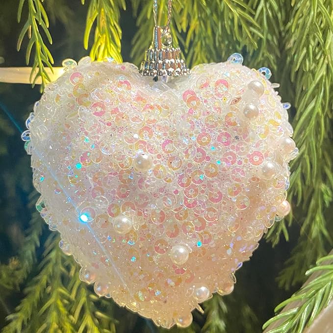 White Valentine's Day Heart Ornaments 10Pcs Glitter Sequin Heart Shaped Baubles Decoration Valentines Pearl Foam Hanging Decor(2.36in)