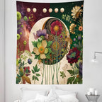 Ambesonne Moon Tapestry Twin Size, Abstract Blooming Gentle Leafy Flowers with Lunar Phase Ethno Details, Wall Hanging Bedspread Bed Cover Wall Decor, 68" X 88", Fern Green Eggshell Lilac