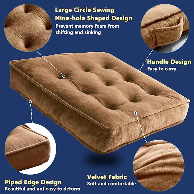 Floor Pillow Set of 2, Memory Foam Meditation Cushion, Floor Cushions for Adults Sitting, Large Square Seat Cushions for Yoga, Couch, Sofa, Kids, Living Room, 20x20 Inch (Brown)