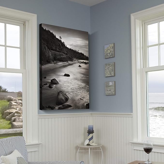 Renditions Gallery Canvas Nature Wall Art Home Paintings & Prints Vintage Rocky Shore Black & White Glam Scenic Wall Hanging Artwork for Bedroom Living Room Office Kitchen - 32"x48" LT06