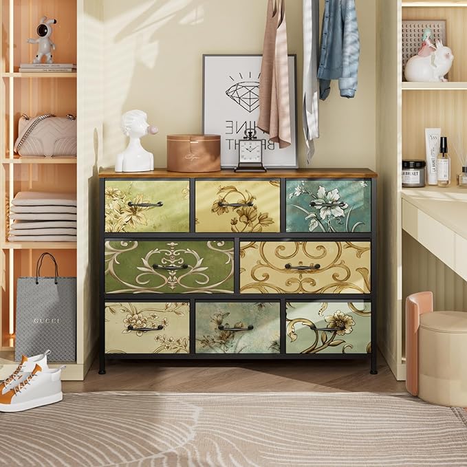 Furnulem 8 Drawer Dresser, Wide Fabric Chest of Drawers, Vintage Furniture for Bedroom, Living Room, Hallway, Closet Clothes Storage, Wooden Top