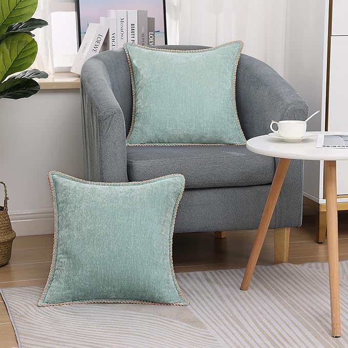 decorUhome Spring Chenille Soft Cozy Throw Pillow Covers 26x26 Set of 2, Modern Farmhouse Boho Velvet Decorative Euro Sham Pillow Cases with Stitched Edge for Couch Sofa Bed Home Decor, Aqua Haze