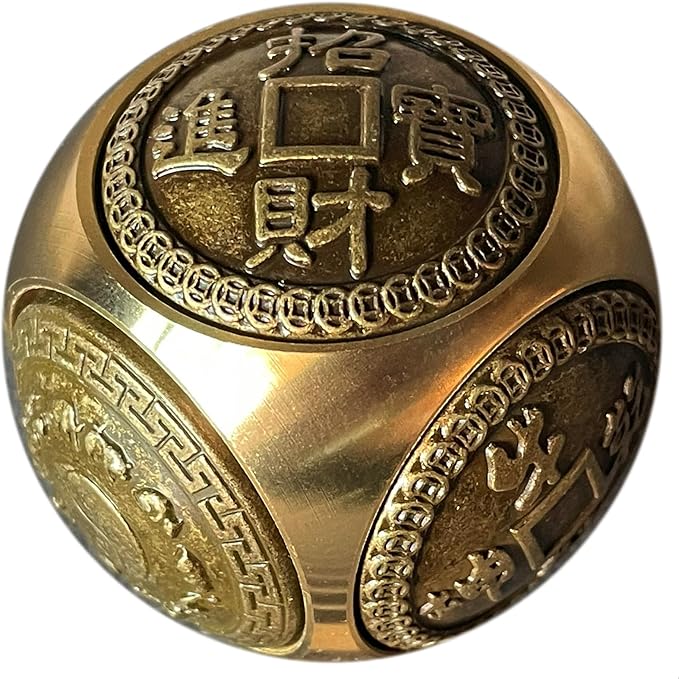 Brass Lucky Ball 6 Sides Rotatable Feng Shui Ornament Wealth Statue Treasure Ball Fengshui Sculpture Chinese Traditional Home Decor (G1 Large Lucky Ball)