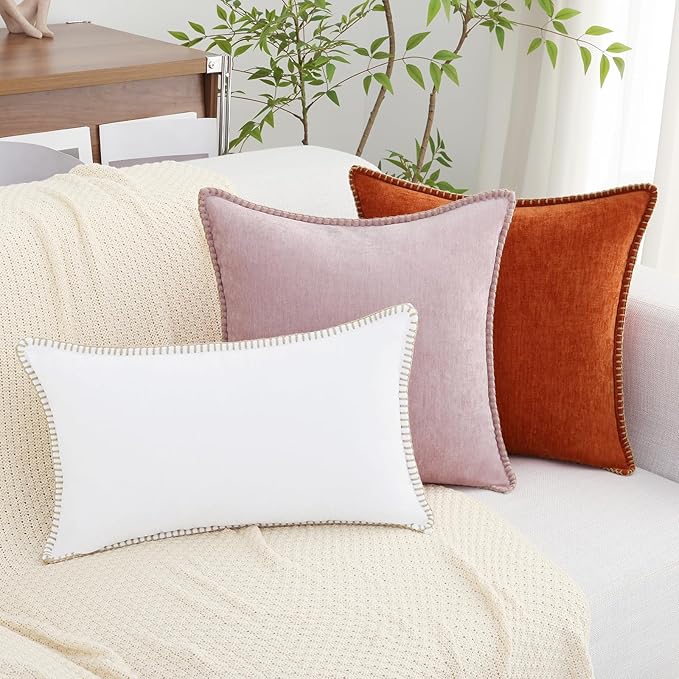 decorUhome Spring Chenille Soft Cozy Throw Pillow Covers 12x20 Set of 2, Modern Farmhouse Boho Velvet Decorative Pillow Cases with Stitched Edge for Couch Sofa Bed Home Decor, White