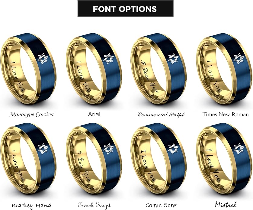 Mezuzah star Of David Ring - Gift for Jewish Family - Flat Dome Bevel - 8mm - Men Women - Yellow Gold Black Silver Blue - Anniversary Wedding - Personalized Custom Engraving - Band - Brushed Polished