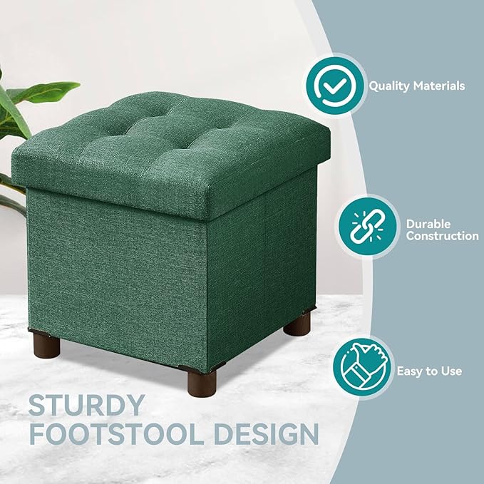 BRIAN & DANY Small Ottoman with Storage, Small Storage Ottoman, Folding Foot Stool with Wood Legs for Living Room and Bedroom Linen Rest Seat, 12.6"x12.6"x12.8" - Dark Green