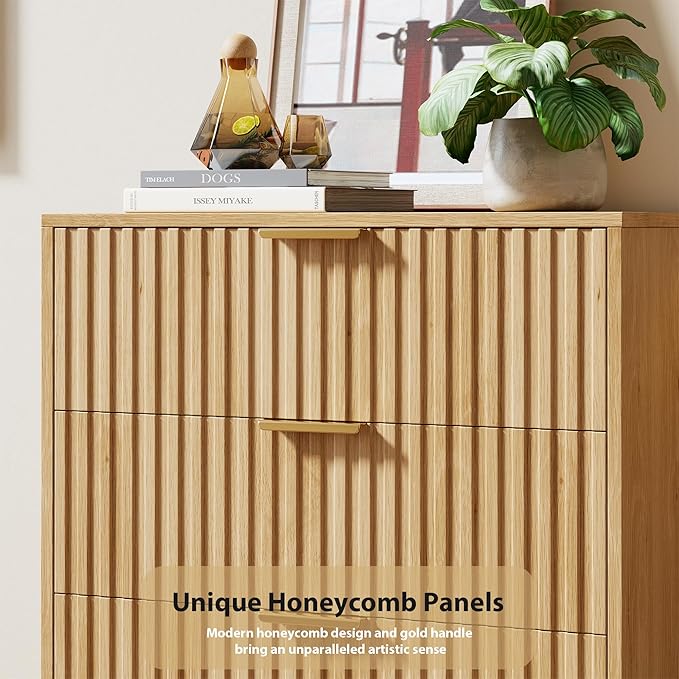 GarveeHome Natural 3 Drawer Dresser for Bedroom, Fluted Modern Nightstand with Deep Drawers, Chest of Drawers with Wide Top, Wooden Dresser Organizer, Side Table for Living Room, Hallway, Kids Room