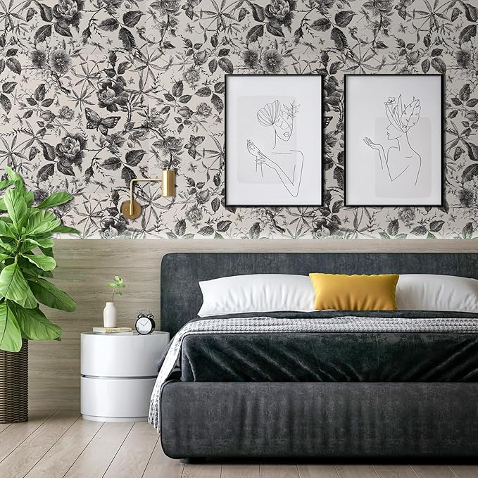 Drawer Liner Contact Paper for Dresser Peel and Stick Wallpaper Sketched Design 15.7x118in Self Adhesive Removable Dark Black Maroon Rose Floral Butterfly Vintage Cabinet Shelf Renter Friendly