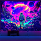 Tapestry Blacklight Space Astronaut MushroomTapestries Fantasy Forest Trippy Starry Sky Tapestry Cool Wall Hanging Neon Nature Plant Wall Hanging Decor for Bedroom 79X59 in