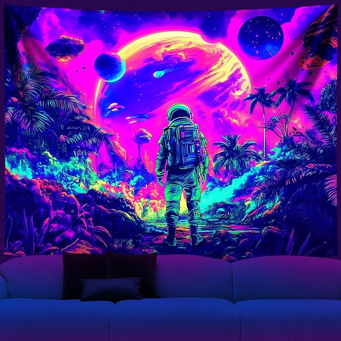 Tapestry Blacklight Space Astronaut MushroomTapestries Fantasy Forest Trippy Starry Sky Tapestry Cool Wall Hanging Neon Nature Plant Wall Hanging Decor for Bedroom 79X59 in