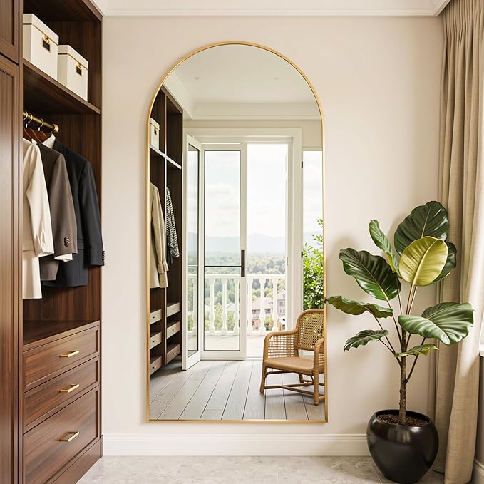Full Length Mirror, 72"x32" Arched Full Body Mirror, Oversized Floor Mirrors, Leaning Free Standing Mirrors, Hanging Mounted Large Mirrors for Bedroom Dressing Room, Cloakroom, Gold