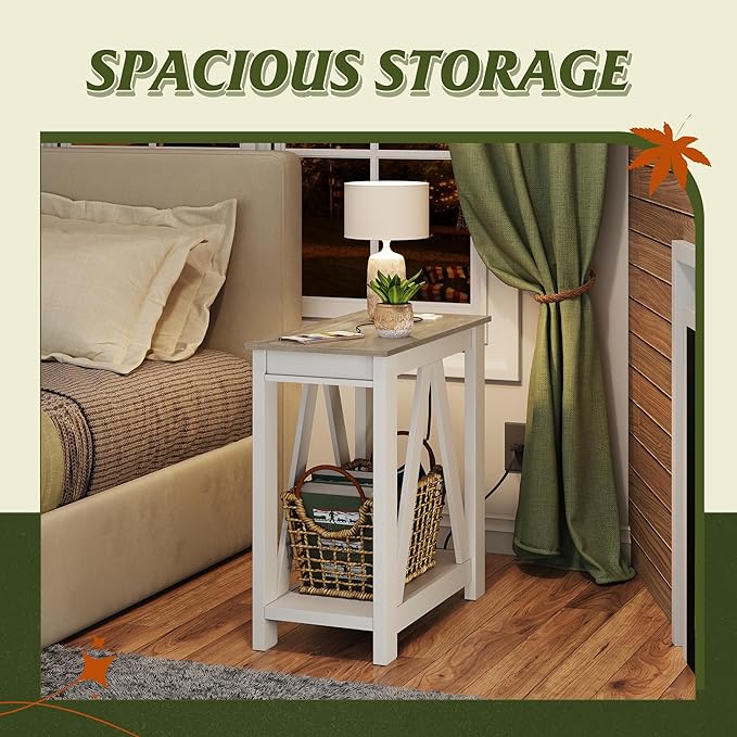 WLIVE Farmhouse End Table, Narrow Side Table with Charging Station, Slim End Table, Side Table for Bedroom, Living Room, Small Spaces, 2 USB and 2 Power Outlets, 11.8" D x 23.6" W x 23.74" H