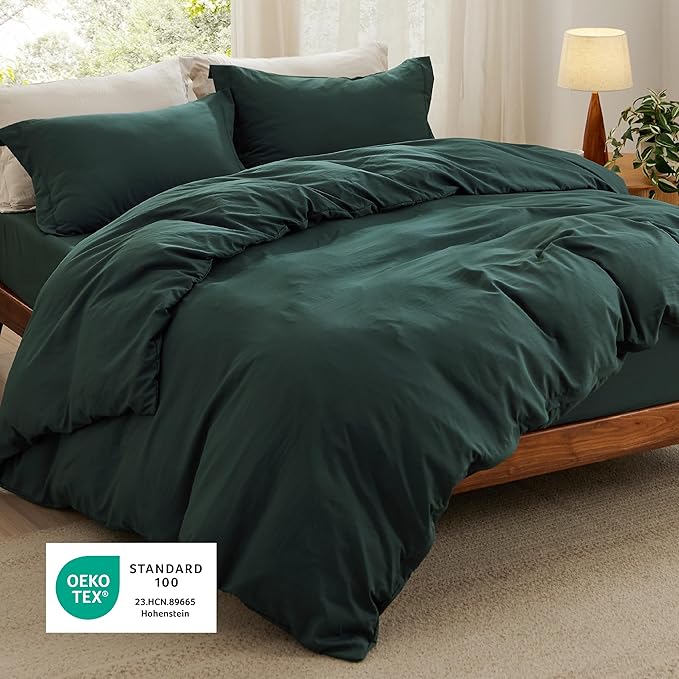 Bedsure Duvet Cover King Size with Fitted Sheet - 4 Pieces Prewashed Cotton-Like Polyester Extra Soft Bedding Set, Includes 1 Duvet Cover 104x90 Inches, 2 Pillow Shams, 1 Fitted Sheet, Forest Green