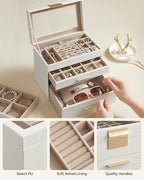 SONGMICS GISELLA Collection - Jewelry Box Organizer, 4-Layer Jewelry Storage with 3 Drawers, Shiny Metal Hardware, Glass Lid, Modern, 6 x 9.9 x 8.5 Inches, Cloud White and Gold Color UJBC161W01