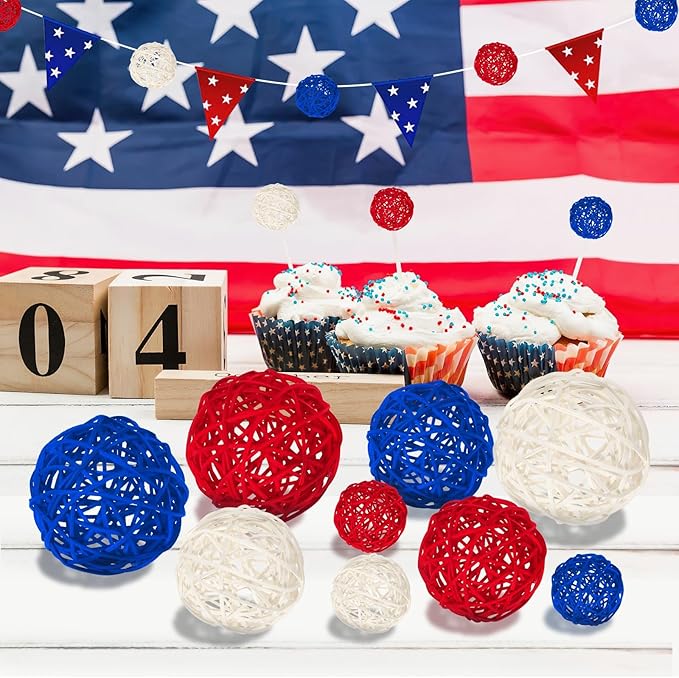 SANNIX 16 Pcs Red White and Blue Rattan Balls 4th of July Vase Filler Wicker Balls Patriotic Decorations 3 Sizes Decorative Balls for Bowls Independence Day Home Table Decor