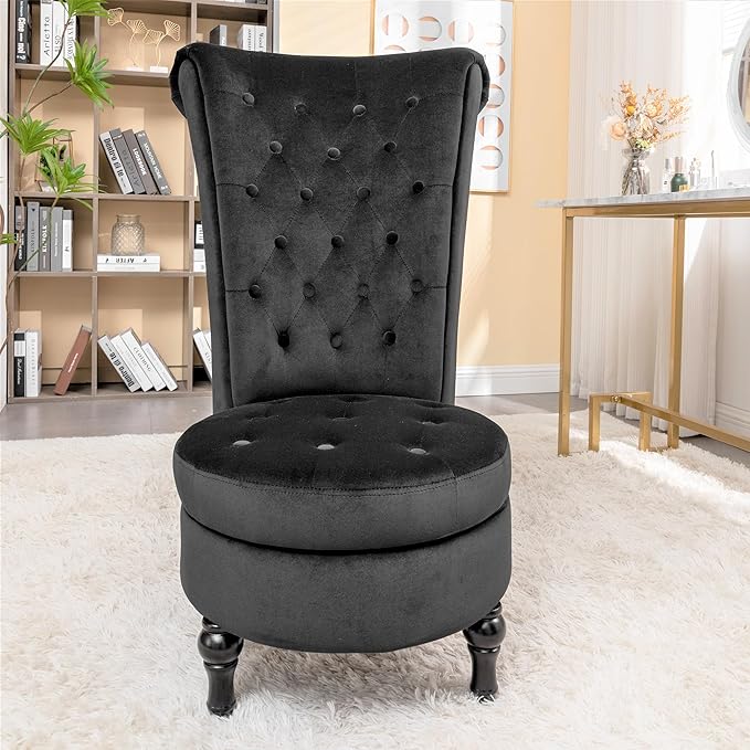 Royal High-Back Velvet Accent Chair for Vanity with Storage and Luxurious Upholstery, Retro Design and Versatile Usage for Living Room, Bedroom, Lounge and Office, Black