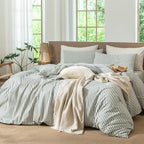 MooMee Striped Duvet Cover Set 100% Washed Cotton Linen Like Textured Breathable Durable Soft Comfy (Heathered Green Classic Stripes, Cal King 104"x98")