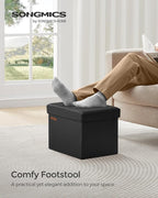 SONGMICS Small Folding Storage Ottoman, Foot Rest Stool, Cube Footrest, Synthetic Leather, 12.2 x 16.1 x 12.2 Inches, 286 lb Capacity, for Living Room, Bedroom, Dorm, Ink Black ULSF100B01