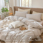 MooMee Striped Duvet Cover Set 100% Washed Cotton Linen Like Textured Breathable Durable Soft Comfy (Tannish Linen Grey White Classic Stripes, Full 80"x90")