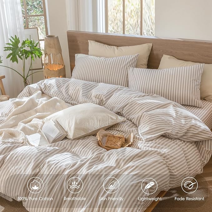 MooMee Striped Duvet Cover Set 100% Washed Cotton Linen Like Textured Breathable Durable Soft Comfy (Tannish Linen Grey White Classic Stripes, Super King 108"x98")