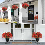 Hananona 24 Pcs Artficial Outdoor Flowers with Hanging Baskets, 2 Pack Hanging Planter with Red Outdoor Spring Flowers for Christmas Porch Home Patio Yard Decor (2, Red)